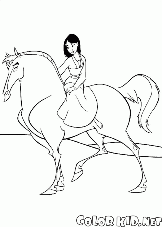 coloring page mulan on a horse