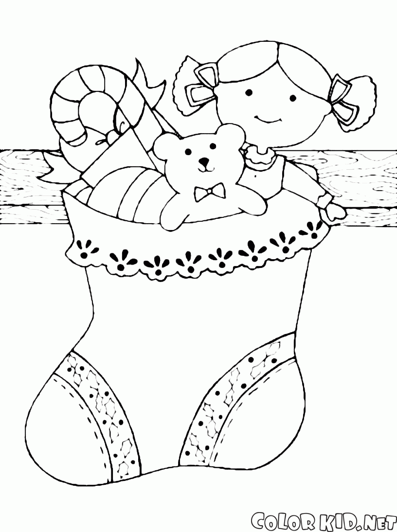 Coloring page   Stocking on the fireplace