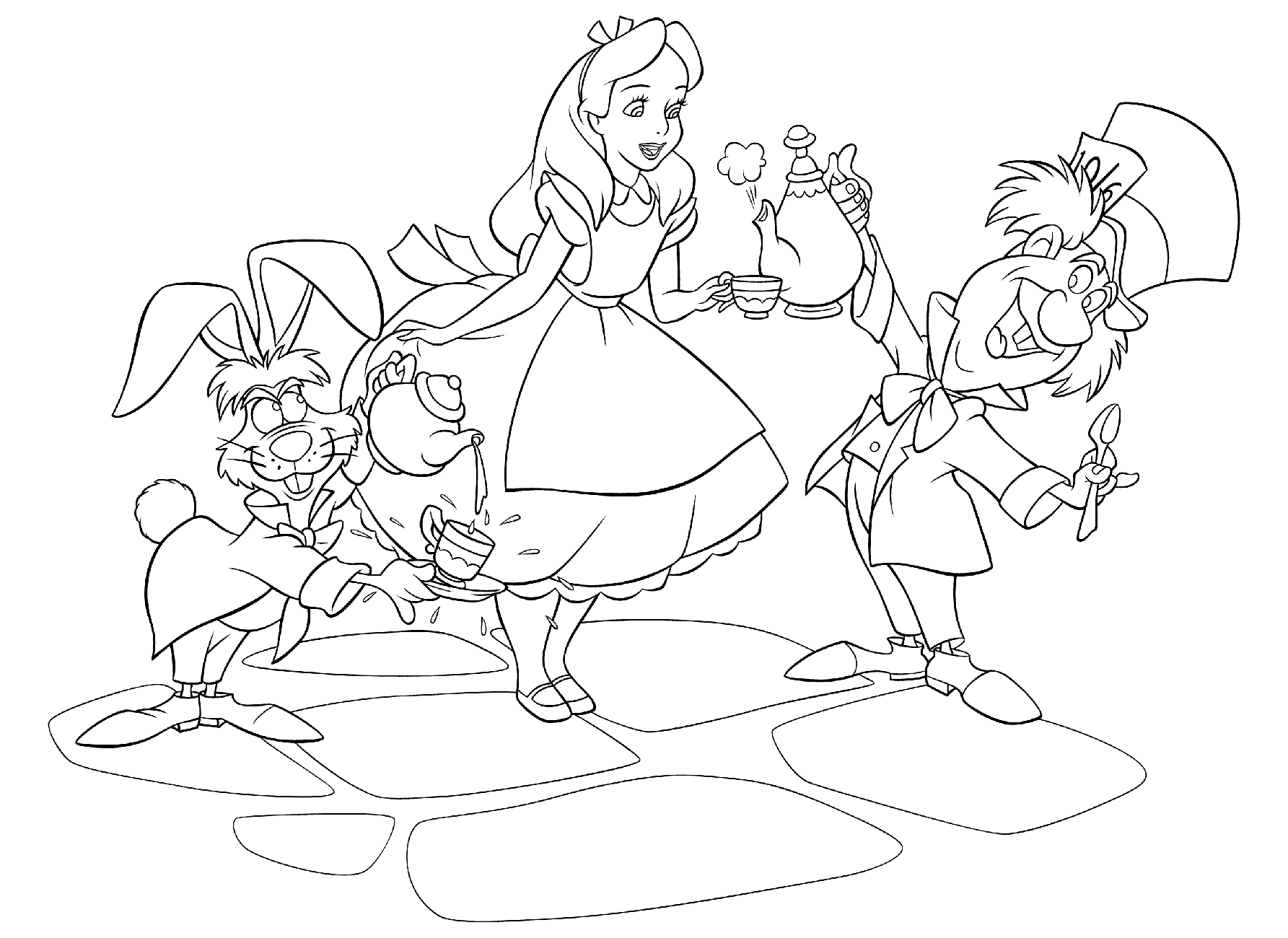 Coloring page Hare, Alice and Hatter