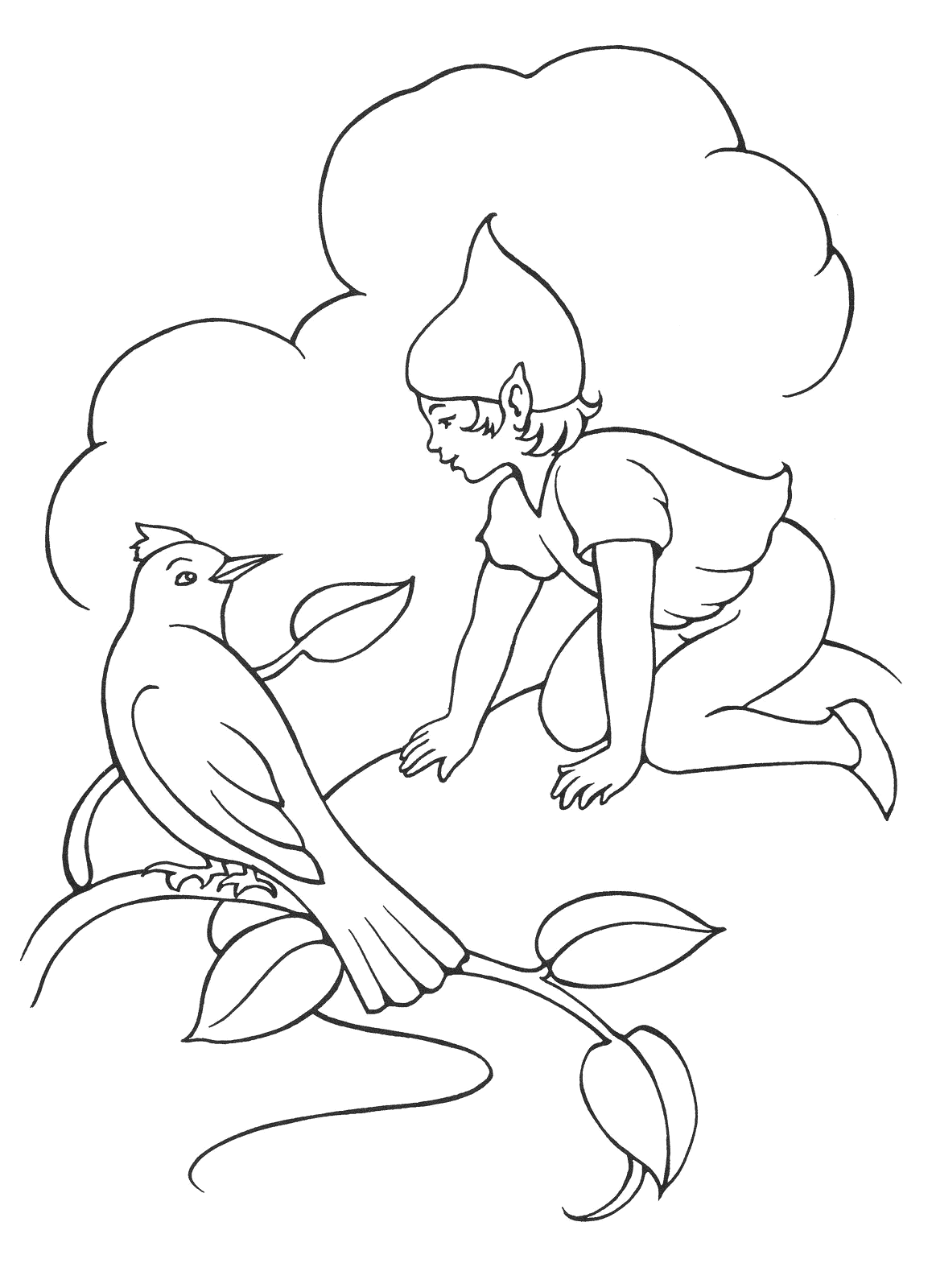 Coloring page - Elf talking with a bird