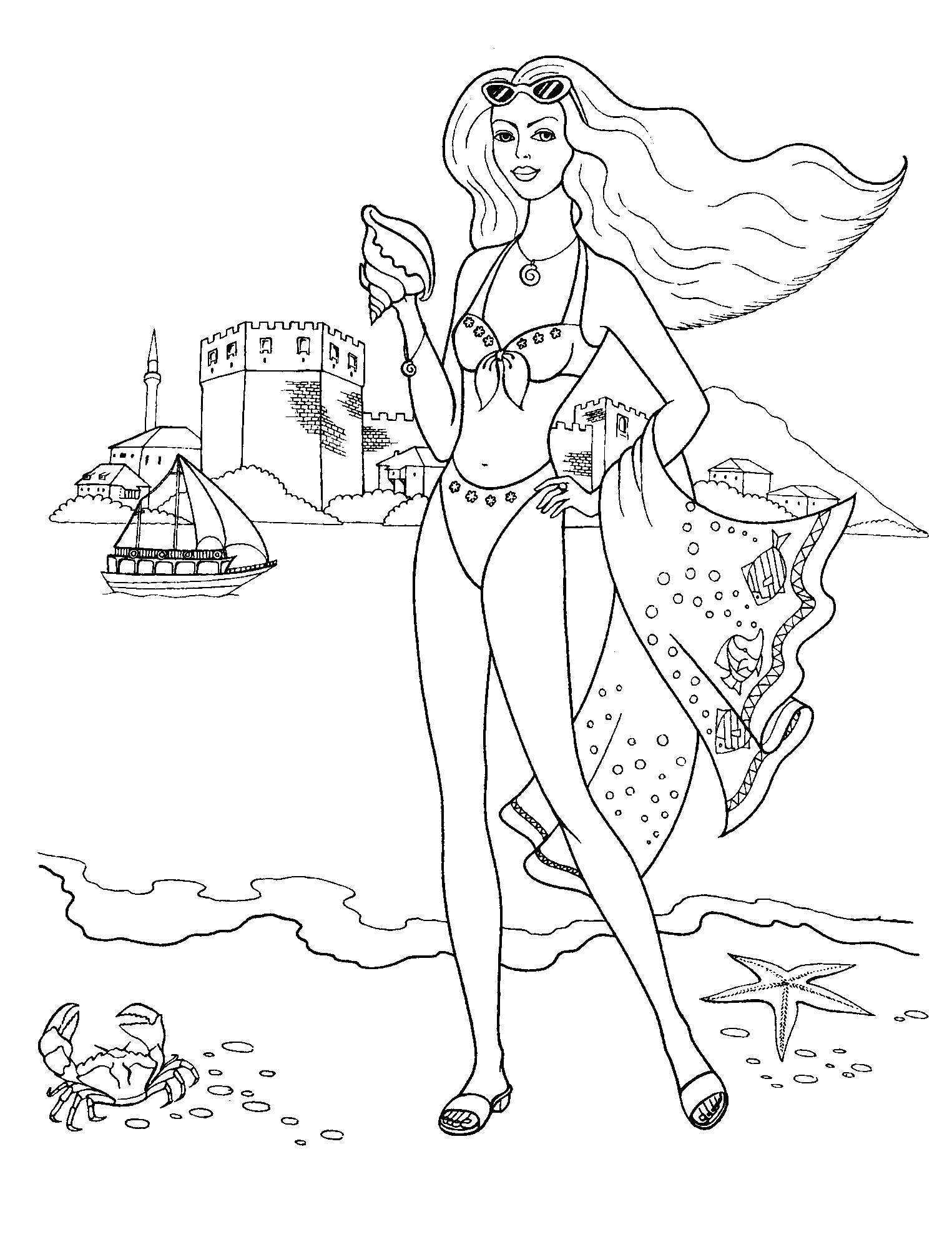 Coloring page   Girl on the beach