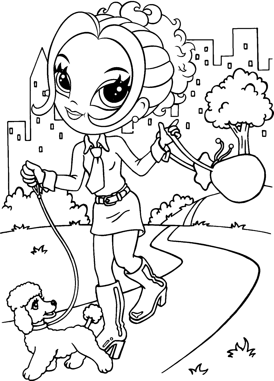 Coloring page - Girl is walking her pet