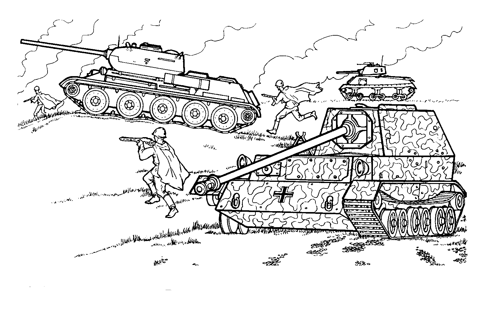 Coloring page - T-34 in a battle