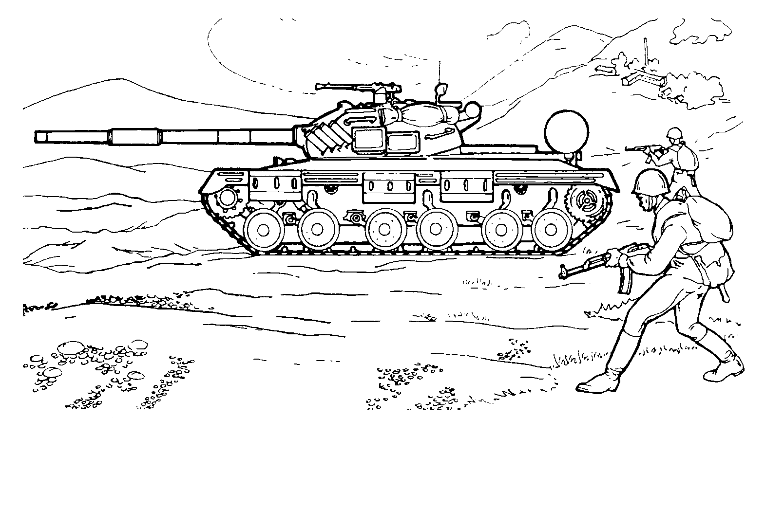 Coloring page - Soviet tank on maneuvers