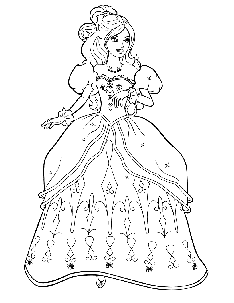 Coloring page - Barbie in the lush dress