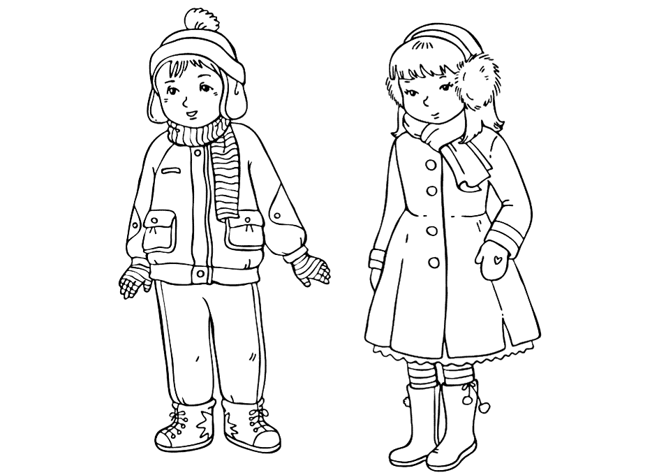 coloring page  children in winter clothes