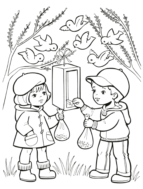 Coloring page - Children feeding birds