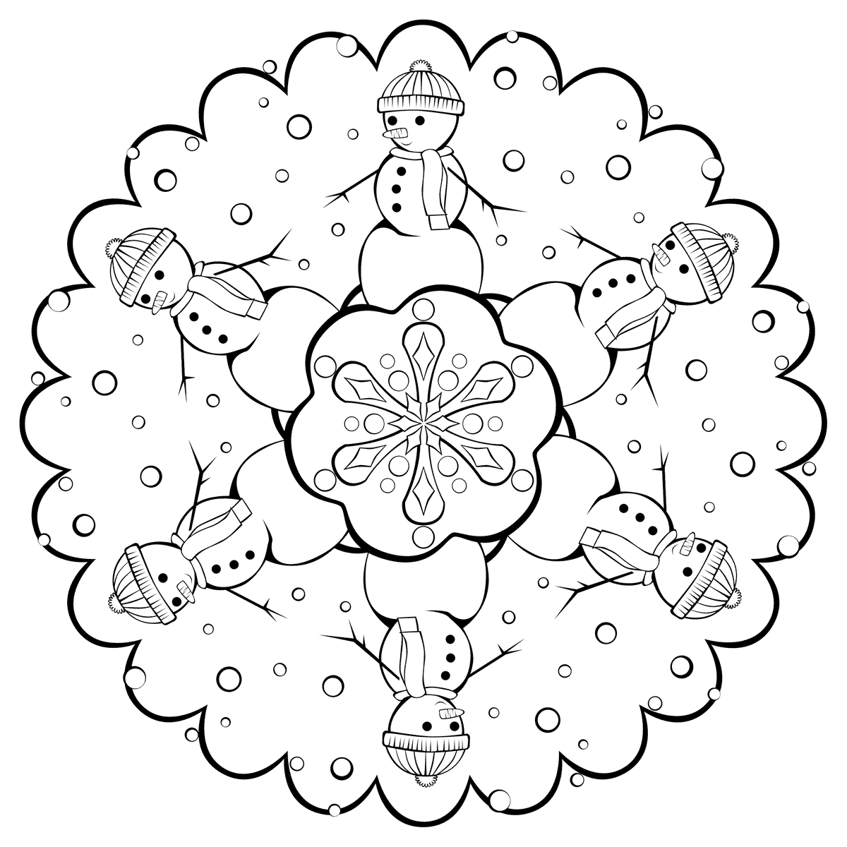 Coloring page - Snowflake with snowmen