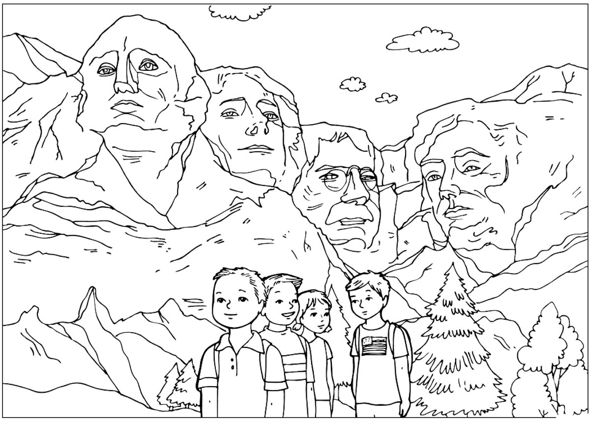 Coloring page - The sculptures of Mount Rushmore