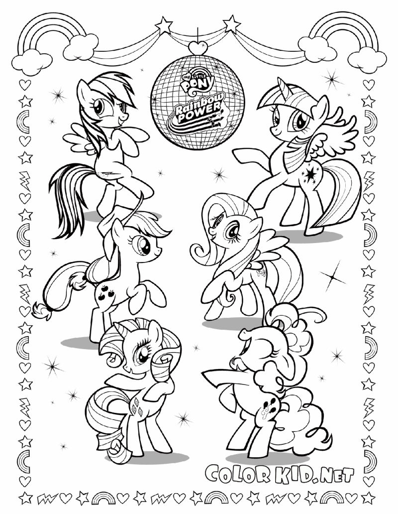 Coloring page   Tiny ponies in a group