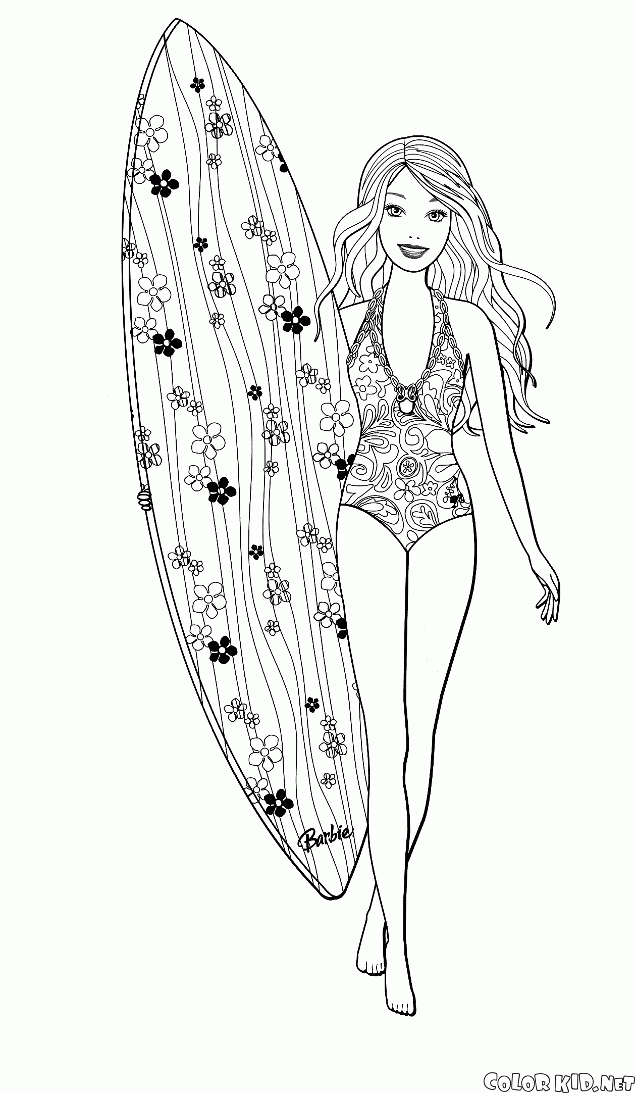 Coloring page   Barbie is engaged in surfing