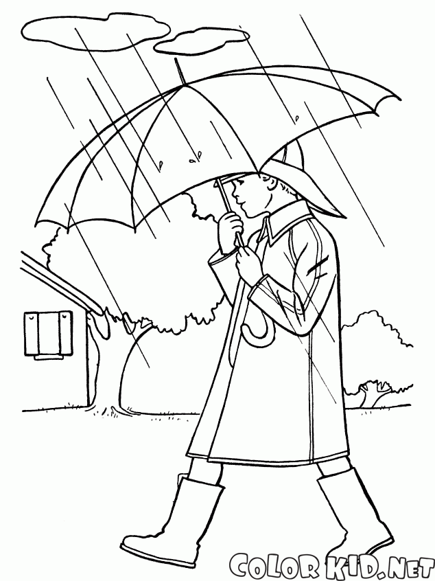 The boy is walking in the rain