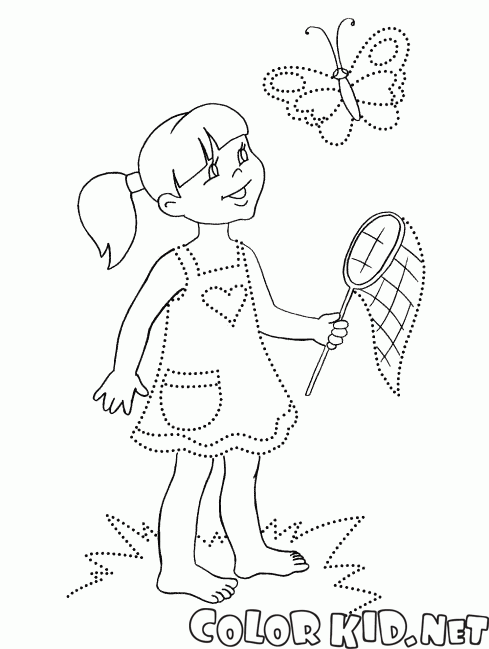 coloring page  girl with a butterfly net chasing after a